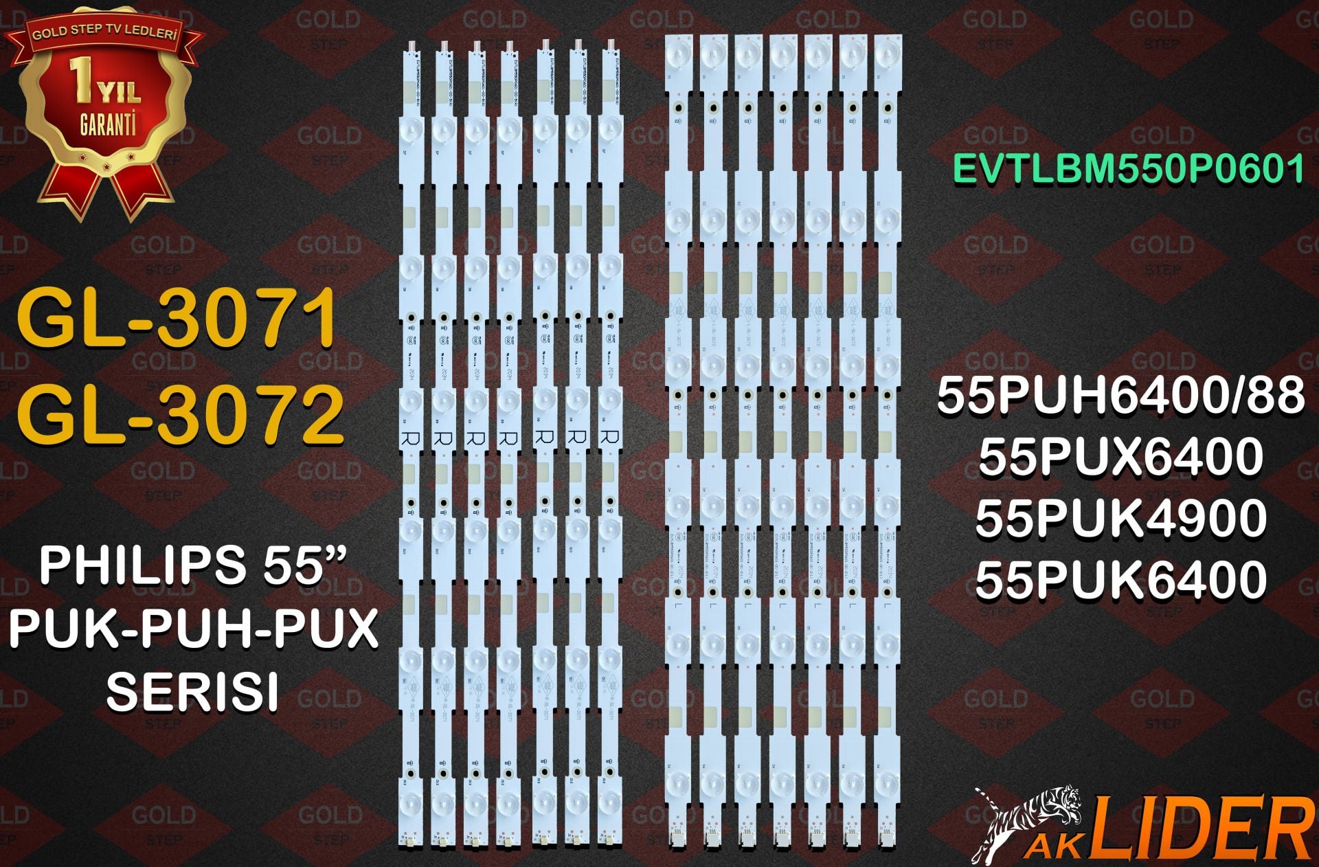 55PUH6400/88, 55PUX6400, 55PUK4900, 55PUK6400 Uyumlu LED Bar Takımı EVTLBM550P0601, EVTLBM550P0601-DO-5(R), EVTLBM550P0601-DC-2(L), GJ-2K16-550-D712, LB55037, 996599001124