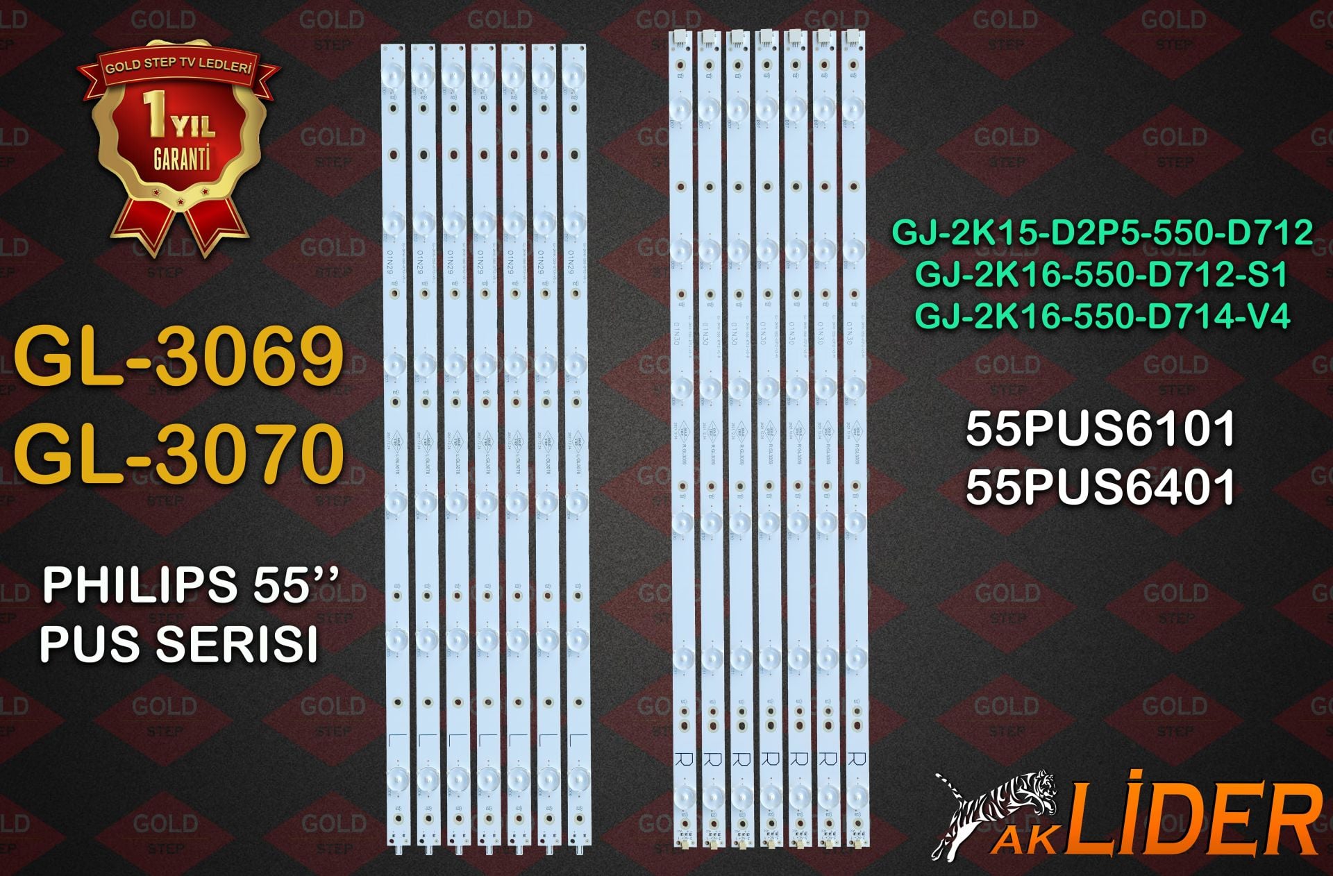 55PUS6501/12, 55PUS6101, 55PUS6201, 55PUS6401, 55PUS6561, 55PUS6551, 55PUS6581, 55PUS7002/62 Uyumlu LED Bar Takımı LB55072 V1_00, LB55072 V0_00, GJ-2K16-550-D714-V4-L 01N31, GJ-2K16-550-D714-V4-R 01N32, 210BZ07DL, 210BZ07DR, 43030M00L, 1B5540000000
