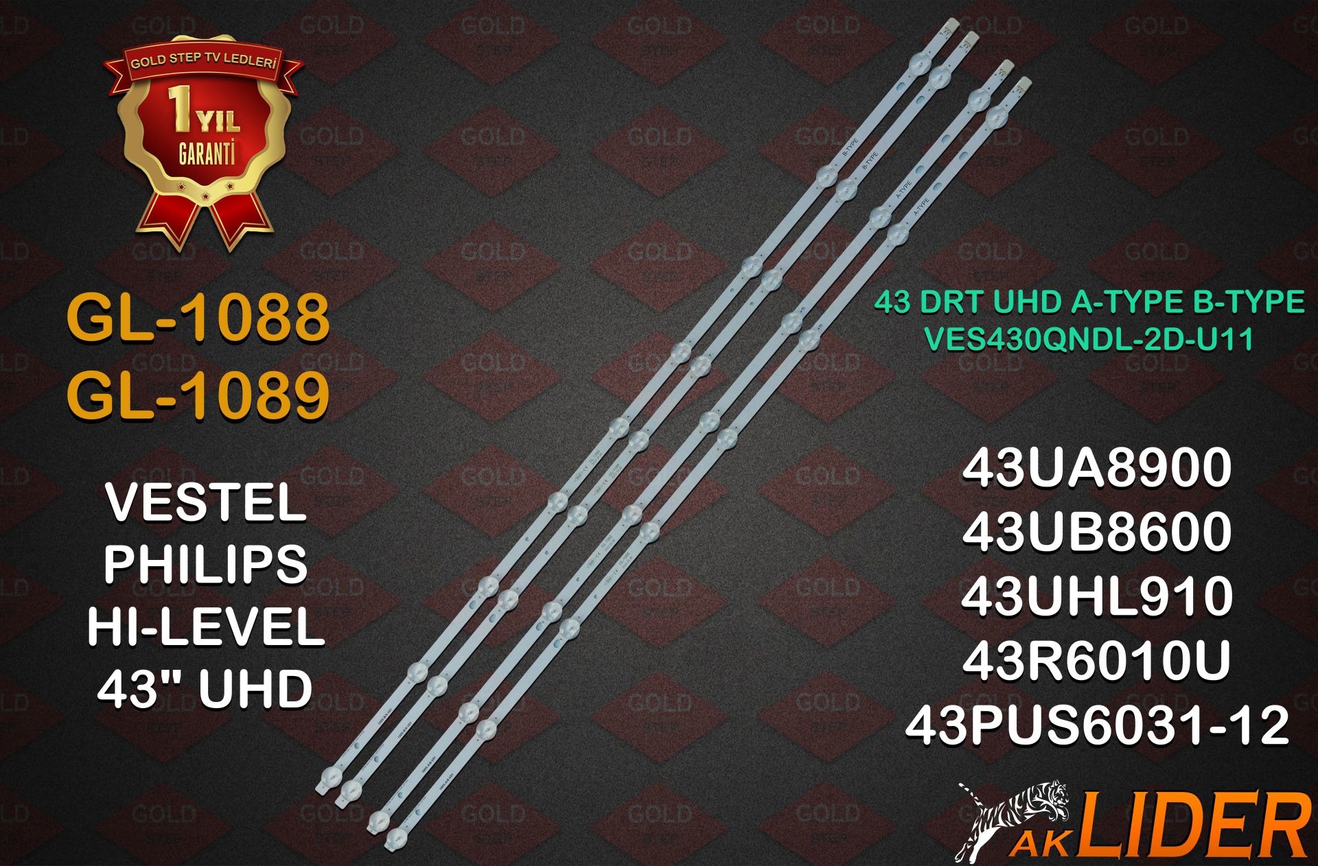 43UA8900, 43UB8600, 43PUS6031, 43UD8380, 43UD8370, 43UD8350, 43SBU700, 43FX620U, 43R6020U, 43UD8360, 43UB7750, 43UHL910, 43FU610, 43R6010U, 43UB8800, 43UD8800 Uyumlu LED Bar Takımı 17DLB43VER3-A, 17DLB43VER3-B, 30099615, 30099616, 30095284, 3009528