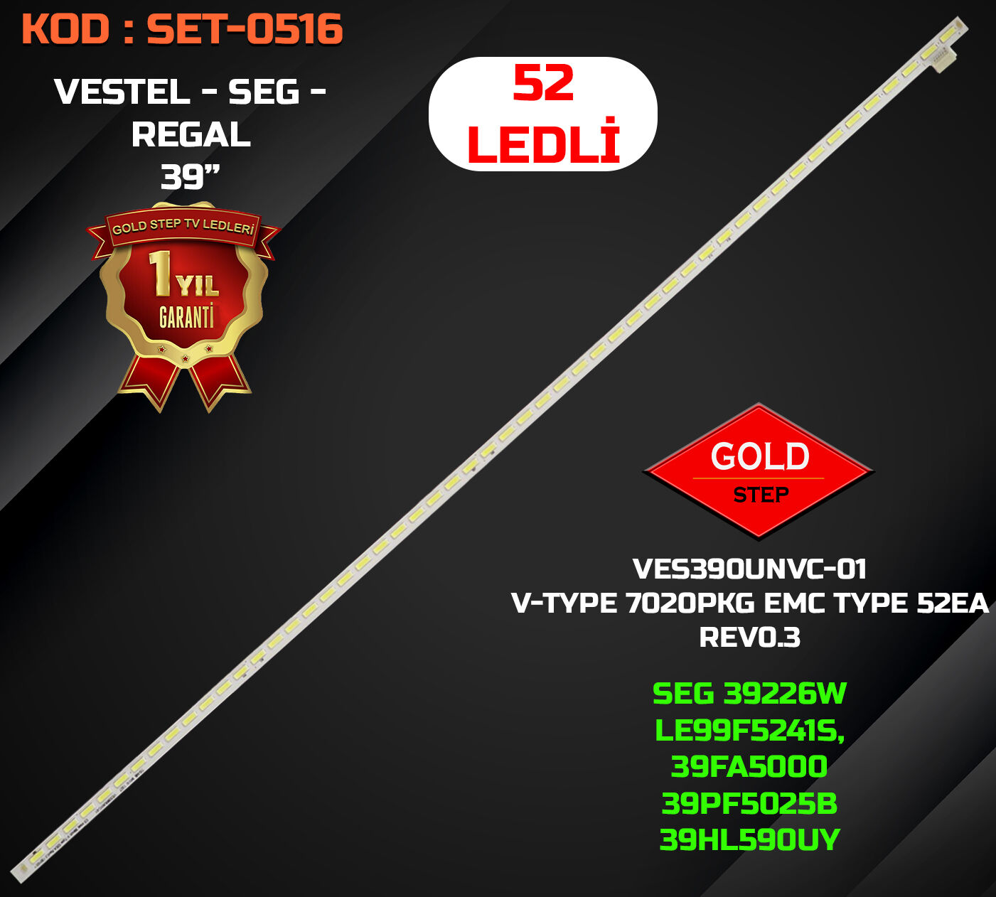 Vestel 39PF5065 39FA5000 Sharp 39LE352E Uyumlu LED Bar Takımı VES390UNVC-01 -  52 LEDLİ