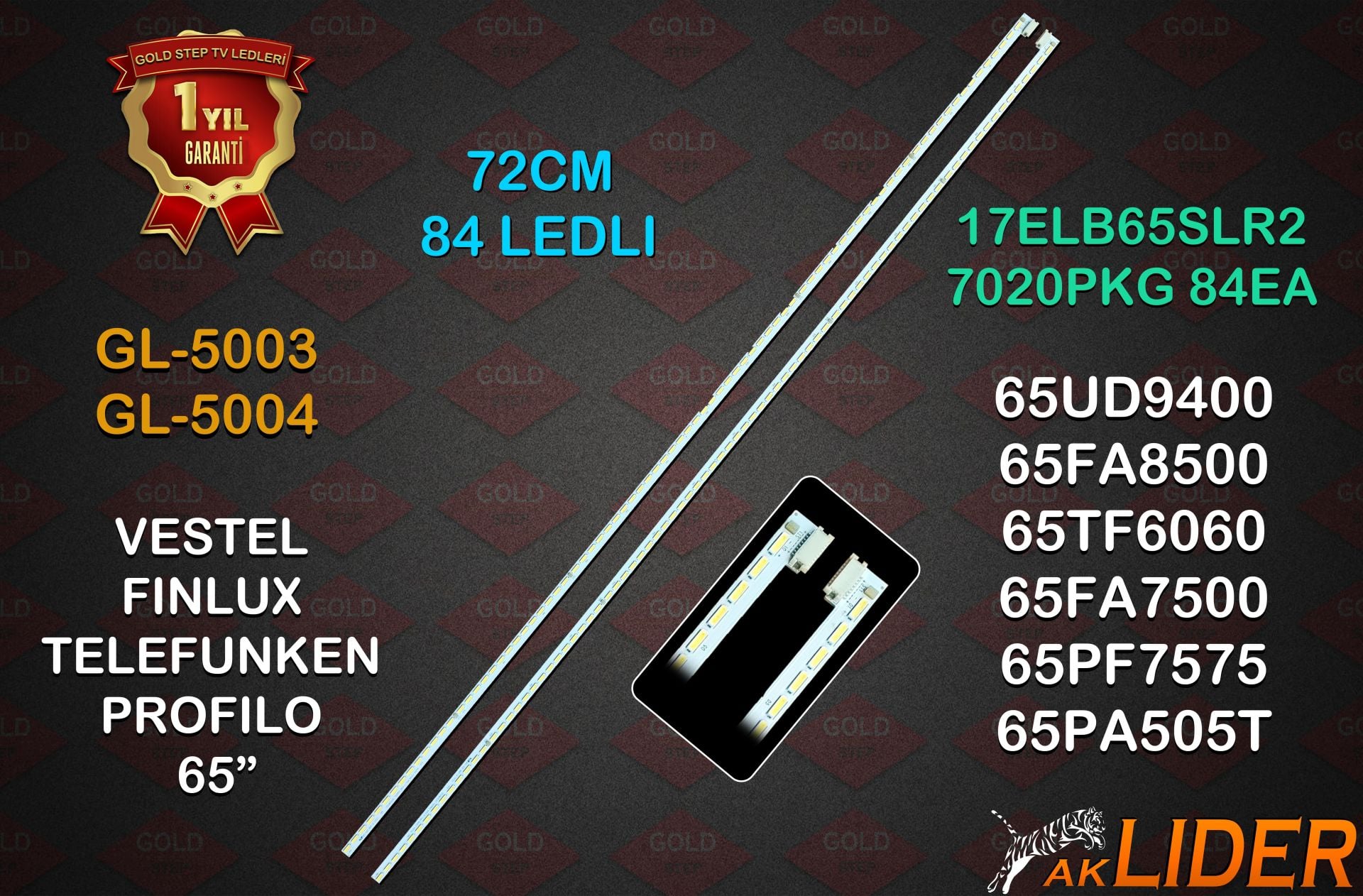 65UD9400, 65FA8500, 65TF6060, 65FA7500, 65FA7550, 65FLHKR242BHC, 65PF7575, 65TU6060, 65UB9100, 65PA505T, 65UD8900V, 65UA9200, 65UA9300, 65UA9650, GR65SMTRD Uyumlu LED Bar Takımı 17ELB65SLR2 7020PKG 84EA