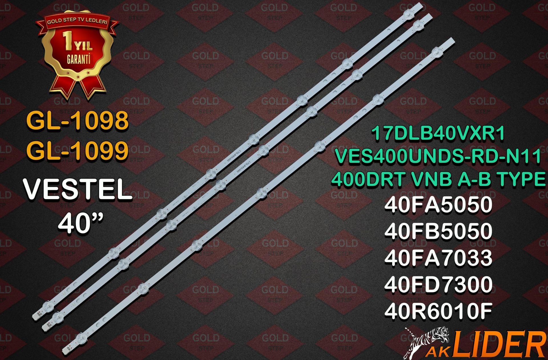 VESTEL 40''  40SC5600, 40R6020F, 40FD7300, 40L500C, 40HL500, 40TF6020SM, 40FB7050, 40FA7033, 40FA5050, 40R6010F, 40FX210FM, 40FX410, 40TF2020M, 40TF6020, 40F9400, 40F8400, 40FA7100, 40FD700, 40PF3025 Uyumlu LED Bar Takımı 17DLB40VXR1 LB40017