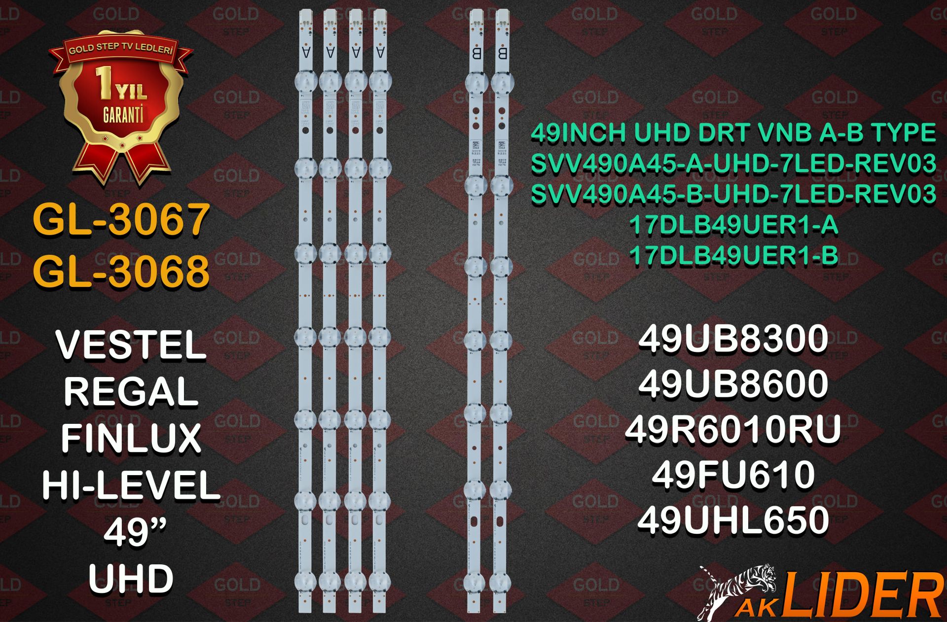 49PUS6031/12 49PUS6031/60 49UB7750 49UB7800 49UB8300 49UB8600 49UD8350 49UD8380 49UD840 49UD8400B 49UD8800 49UD8860 49UHD268P 49U6763DAT 49U6763DG 49TWS217 49TF6520A 49TU6020 49TU7560A 49UB5051 49R6010U 49R6020U 49R6520FA Uyumlu LED Bar Takımı 17DLB49UER1