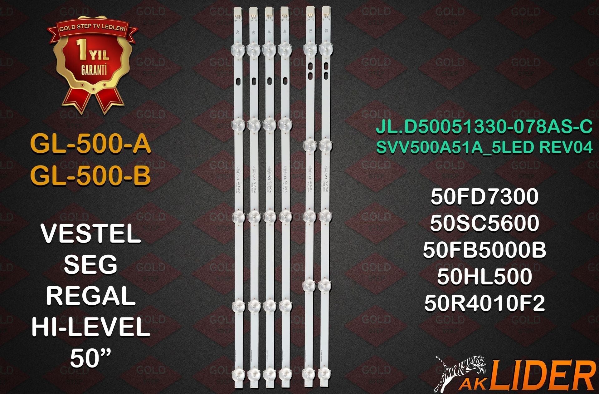 50FD7300, 50FD5400, 50FB7200, 50FB5000B, 50FD7000T, 50FA3000T, 50PFS7500, 50R4010F2, 50SC5600, 50SBF700, 50HL510, 50HL520, 50HL500, LT-50VF30T, 50PA305T, 50FB505 Uyumlu LED Bar Takımı JL.D50051330-078AS-C JL.D50051330-078HS-C SVV500A51A_5LED
