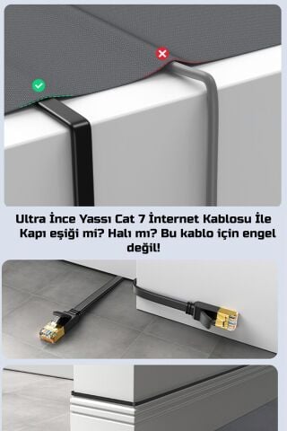 10 Metre Yassı Cat 7 Ethernet Kablosu 10 Gigabit/S 600 Mhz Premium Metal Zırhlı RJ45 Konnektör