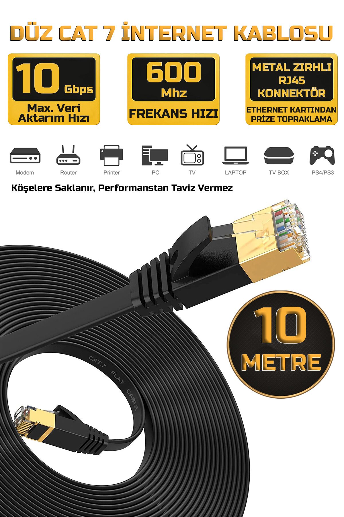 10 Metre Yassı Cat 7 Ethernet Kablosu 10 Gigabit/S 600 Mhz Premium Metal Zırhlı RJ45 Konnektör