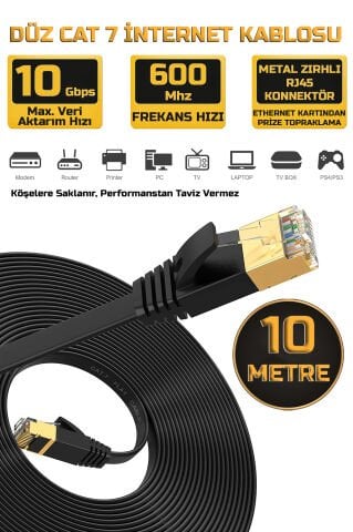 10 Metre Yassı Cat 7 Ethernet Kablosu 10 Gigabit/S 600 Mhz Premium Metal Zırhlı RJ45 Konnektör