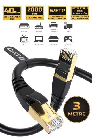 5 Metre Cat 8 Ethernet Kablosu 40 Gigabit/S 2000 Mhz Premium Metal Zırhlı RJ45 Konnektör