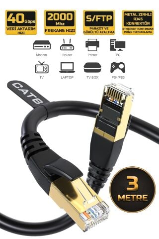 10 Metre Cat 8 Ethernet Kablosu 40 Gigabit/S 2000 Mhz Premium Metal Zırhlı RJ45 Konnektör