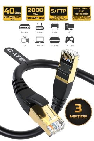 20 Metre Cat 8 Ethernet Kablosu 40 Gigabit/S 2000 Mhz Premium Metal Zırhlı RJ45 Konnektör