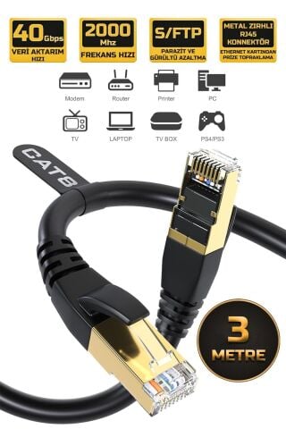 30 Metre Cat 8 Ethernet Kablosu 40 Gigabit/S 2000 Mhz Premium Metal Zırhlı RJ45 Konnektör