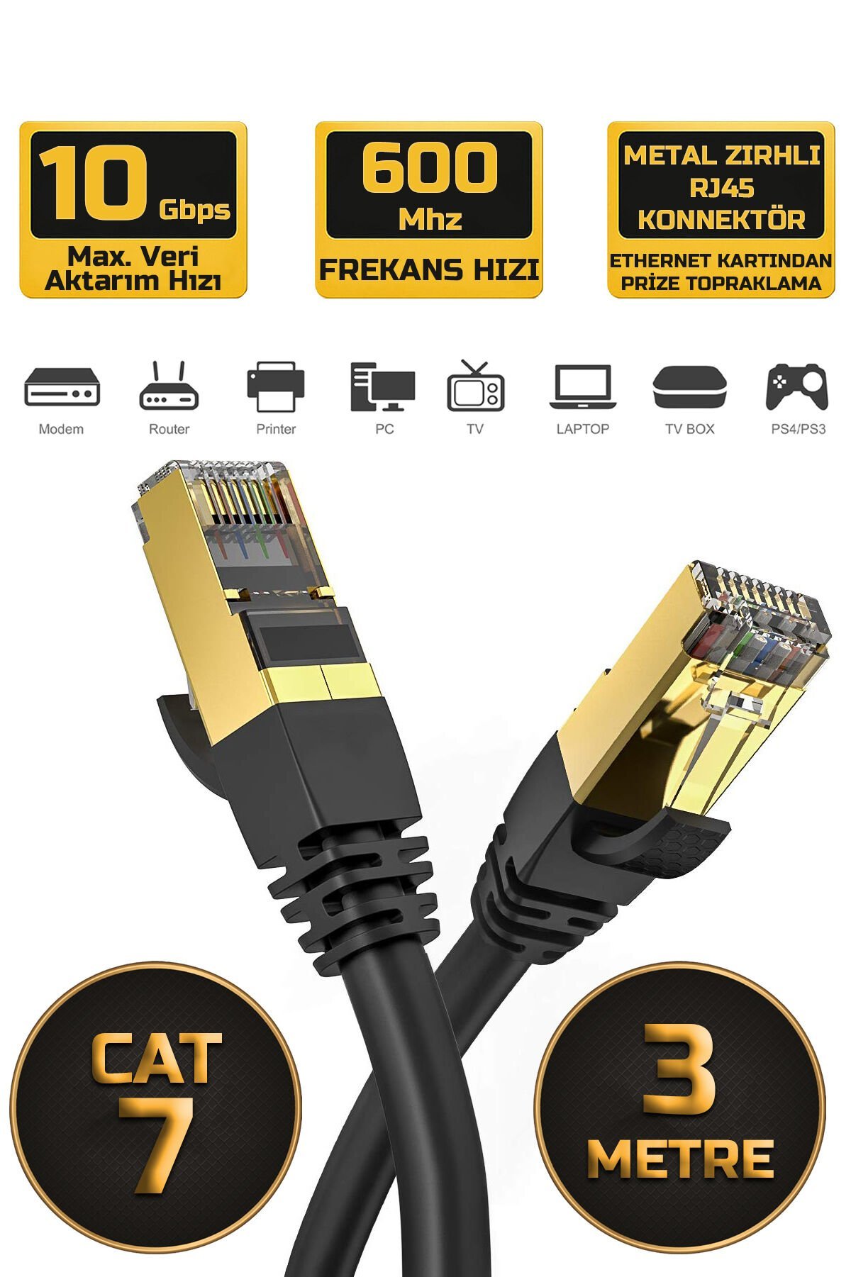 3 Metre CAT 7 Ethernet Kablosu 10 Gigabit/s 600 Mhz Premium Metal Zırhlı RJ45 Konnektör