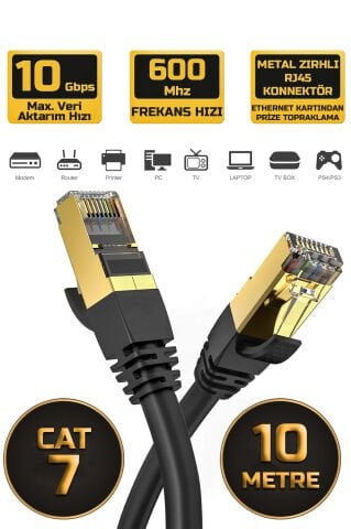 10 Metre Cat 7 Ethernet Kablosu 10 Gbit/s 600 MHz Premium Metal Zırhlı RJ45 Konnektör