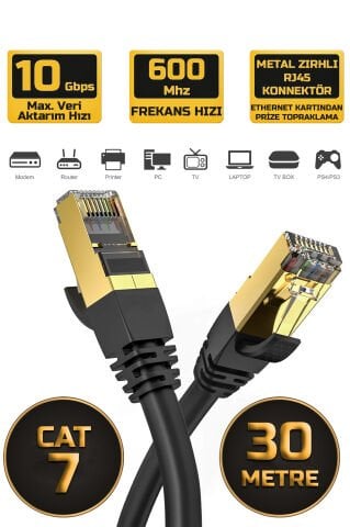 30 Metre CAT 7 Ethernet Kablosu 10 Gigabit/s 600 Mhz Premium Metal Zırhlı RJ45 Konnektör