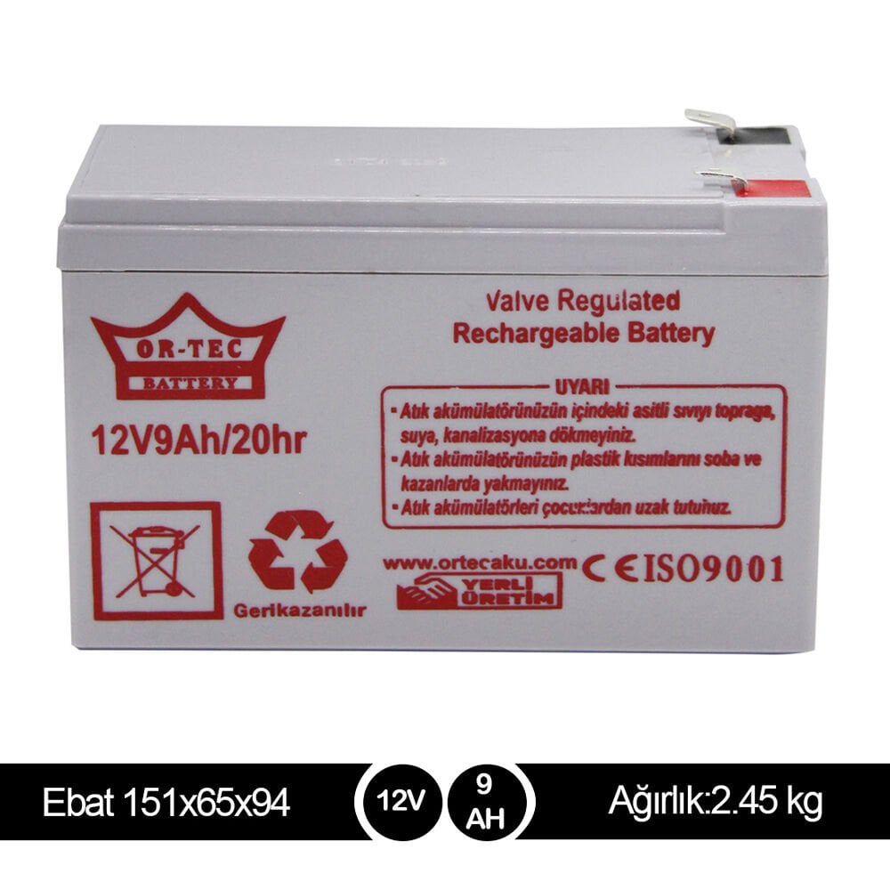ORTEC 12V9A Bakımsız Kuru Akü - Yerli Üretim