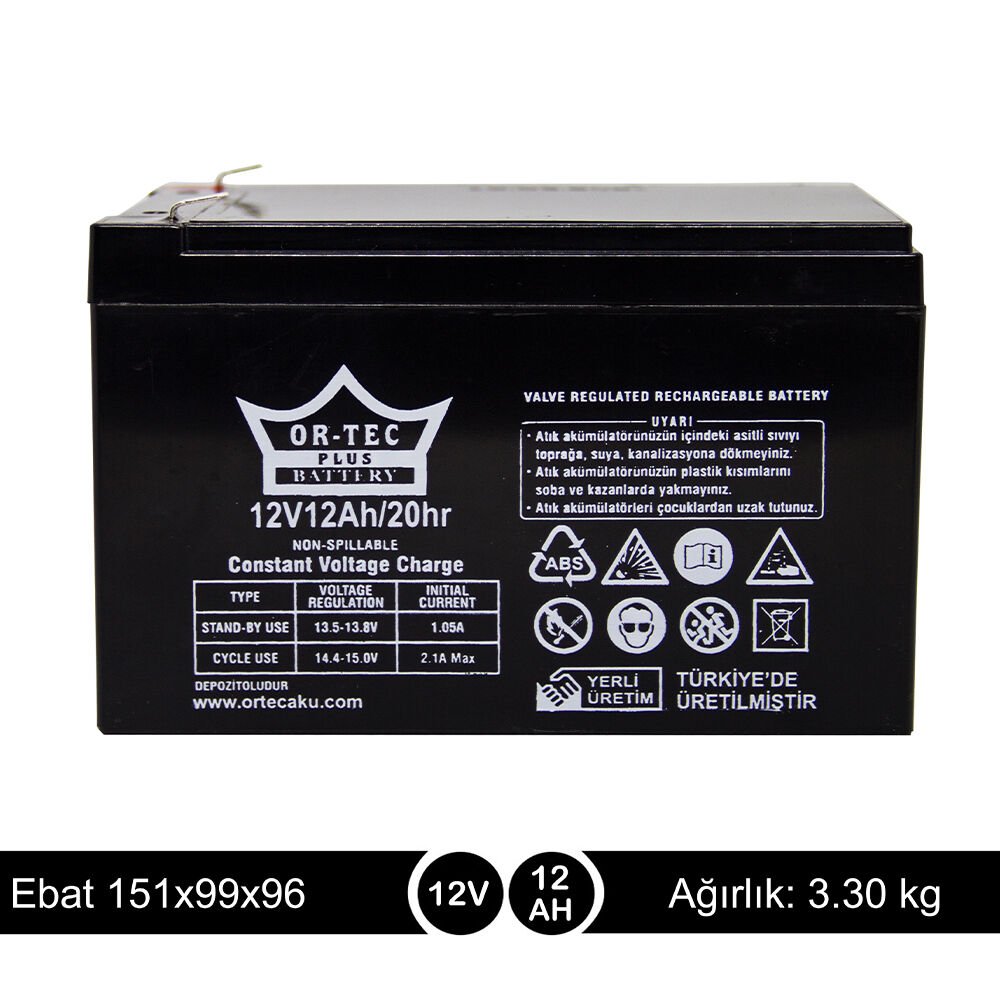 ORTEC 12V12A Bakımsız Kuru Akü - Yerli Üretim