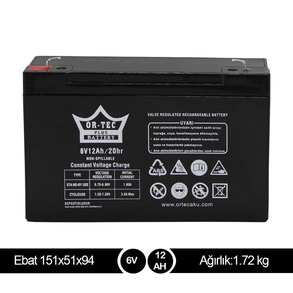 ORTEC 6V12A Bakımsız Kuru Akü - Yerli Üretim