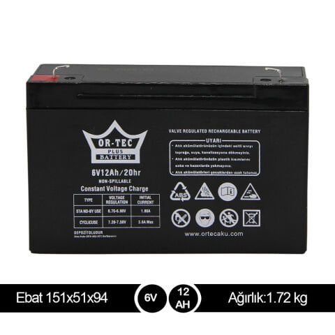 ORTEC 6V12A Bakımsız Kuru Akü - Yerli Üretim