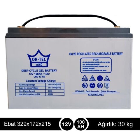 ORTEC 12V100A Solar Jel Akü - Yerli Üretim