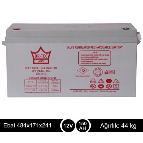 ORTEC 12V150A Solar Jel Akü - Yerli Üretim
