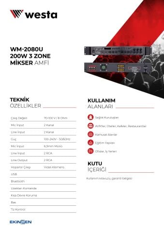 WESTA WM-2080U 3 Bölgeli 200WATT Mixer Amfi
